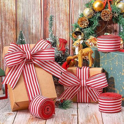 1 cuộn 5m Ruy băng sọc đỏ trang trí Giáng sinh, Ruy băng nơ trang trí cây thông Noel, Phụ kiện đóng gói quà tặng, Vòng hoa tự làm, Đồ thủ công, Ruy băng cưới ngày lễ tình nhân, Dùng để gói quà, Làm vòng hoa, Trang trí ngày lễ, Cắm hoa, Nơ