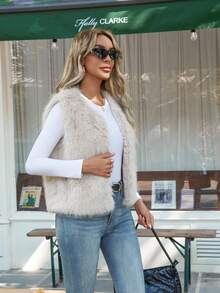 Women's Fuzzy Faux Fur Sleeveless Vest Teddy Coats Open Front Plush Waistcoat Outerwear - Khaki - View 5