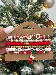 Juego de 6/7 piezas de pulsera de arcilla polimérica multicapa con elementos navideños coloridos y cuentas con letras, pulsera personalizada con colgante creativo de árbol de Navidad, muñeco de nieve y ciervo, pulsera elástica con diseño de Papá Noel y gorro/zapato de Papá Noel, adecuado para uso diario, citas, fiestas y regalos festivos para mujeres