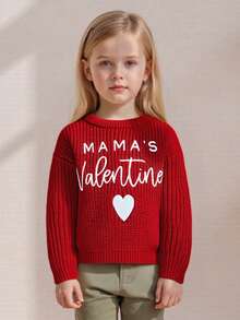 Suéter de San Valentín para bebé, manga larga, cuello redondo, bordado de corazón y letras, top de punto para niño pequeño - Rojo - Ver 5