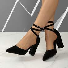 Nuevas sandalias de tacón grueso negro con diseño calado, sandalias de tacón alto para mujer con punta cerrada y tiras, tacones puntiagudos tipo slip-on para el trabajo y uso diario - Negro - Ver 16