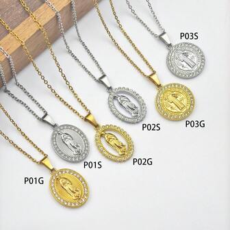 1pc Popular Religious Virgin Mary & Priest Stainless Steel Pendant Necklace, Unisex Daily Wear
