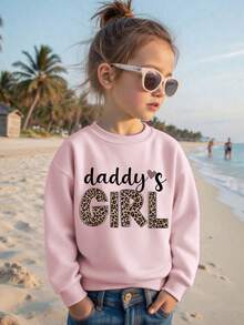 1件情人节女童休闲“爸爸的小公主”印花圆领卫衣，秋冬季学生儿童长袖上衣 - 豹纹印花时尚酷炫，适合年轻潮流人士 - 粉色 - 查看 7