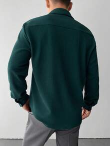 WAIT HIM 男士休闲纯色长袖衬衫 - 墨綠色 - 查看 8