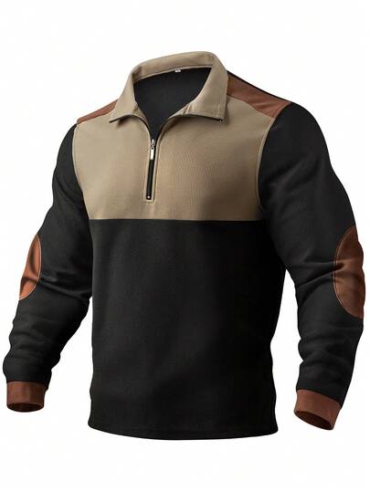 Men's Casual Half-Zip Knit Pullover , Long Sleeve Stand Collar Black And Brown Color Block Design, Slightly Stretchy, Suitable For Hiking And Outdoor Activities Series, Comfortable Sporty