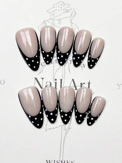 10pcs Handmade Nails Almond Stiletto Nails Press On Nails Medium, Gentle Nude Pink Black Nails, Black French Tip Nails, White Polka Dot, Simple Elegant Handcrafted Autumn Nails, Fall Press On Nails, Y2K Style Festival Nail Party Daily & Dating Use Beach Tropical Getaway Suitable,DIY False Nail Art Suitable For Women & Girls As Gift Nail Supplies Handmade Press On Nails