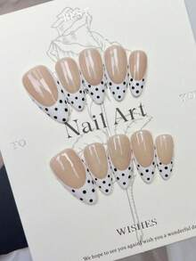 10 móng tay giả thủ công kiểu Almond Stiletto, móng giả dán màu trung bình, màu hồng nude nhẹ nhàng, móng trắng kiểu Pháp, chấm bi đen, móng tay thủ công đơn giản thanh lịch mùa thu, móng giả dán kiểu mùa thu, phong cách Y2K, thích hợp cho lễ hội, tiệc tùng, sử dụng hàng ngày và hẹn hò, đi biển, nghỉ dưỡng nhiệt đới, tự làm móng nghệ thuật phù hợp cho phụ nữ và bé gái làm quà tặng, dụng cụ làm móng, móng giả dán thủ công. - trắng - Xem 3