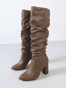 Timesize Brown Over-The-Knee Boots, Denim Boots, Platform Boots, Women's Wedding Shoes, Winter Boots, Women's Boots, Chunky Heel Boots, Super High Heel Tall Boots, Random Wrinkle Pattern - Brown - View 6