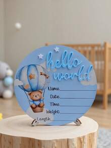 1pc "Hello World" Birth Announcement Board, Baby Photo Prop Wooden Plaque, Baby Milestone Marker, Christening Gift (Boy/Girl) - Blue - View 7