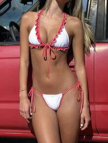 PEPPERMOLLY 2026春夏爆款多色花朵两件式泳衣，露背挂脖设计，随机印花，夏季海滩度假必备性感修身比基尼 - 紅白色 - 查看 4