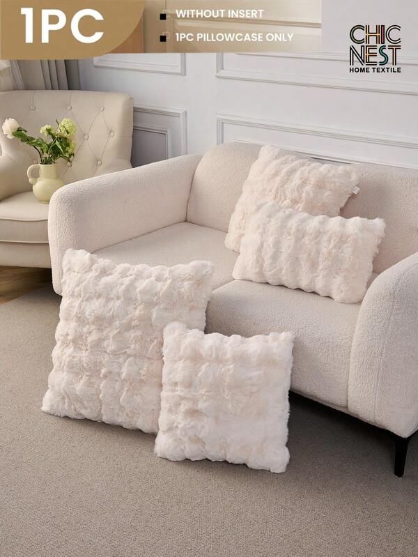 1pc Beige Decorative Faux Rabbit Fur Cushion Cover Without Filler, Modern Flannelette Fuzzy Plush Throw Pillow Cover Pillowcase Zipper Closure For Home, For Sofa, Living Room
