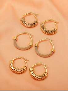 3 Pares De Pendientes De Aro Circulares Huecos De Acero Inoxidable Chapado En Oro Al Estilo Europeo Y Americano - 3 pares de aretes redondos - Ver 7