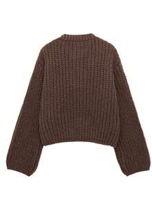 Women's Fashion Single Pocket Decoration Casual Knit Sweater Jacket, Retro Round Neck Elegant Short Top, Street Style - Brown - View 6