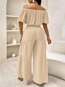 Bộ 2 trang phục mùa hè cho nữ áo thun tay ngắn màu trơn đơn giản + quần dài cạp cao có dây rút - Màu be - Xem 2