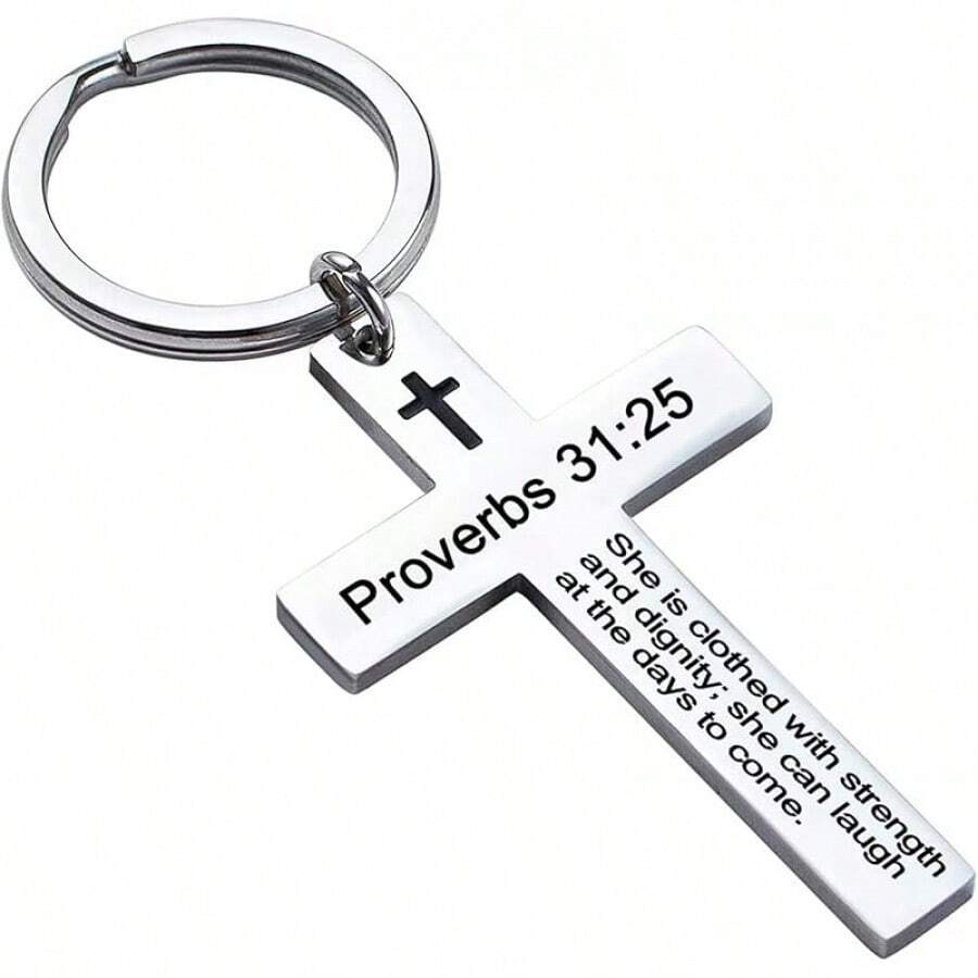 Llavero con versículo bíblico y cruz cristiana, llavero de cruz para hombres y mujeres con escritura religiosa, regalo de Navidad - Proverbios 31:25 - Ver 1