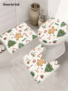 1/3/4pcs Wite Gingerbread For Man Christmas Tree Crutch Candy Shower Curtain Bathroom Set, Waterproof And Wear-Resistant Accessories,With 12 Hooks - Includes Toilet Seat Cover, Bath Mats, And Rugs - Non-Slip Polyester Fabric - Washable - Perfect For Holiday Decor,Home/Bedroom/House/Western Decor, - Multicolor - View 8
