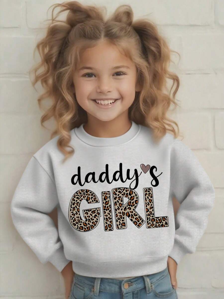 1pc Valentine's Day Girls Casual "DADDY'S GIRL" Print Crew Neck Sweatshirt, Autumn/Winter Student Young Children Long Sleeve Top - Leopard Print Fashionable And Cool, Suitable For Young Trendsetters - Grey - View 1