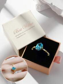 Gift Box Set Elegant Aquamarine & Rhinestone Heart Shaped Gold Plated Copper Ring, Suitable For Women Wedding, Engagement, Valentine's Day & Birthday Gift Christmas Gift Valentines - Gold + Aquamarine - View 9