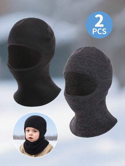 2 piezas Gorros de punto cálidos, suaves, a prueba de frío y lindos con doble pompón para niños de 1 a 8 años, de unicolor, aptos para uso diario y al aire libre, otoño/invierno