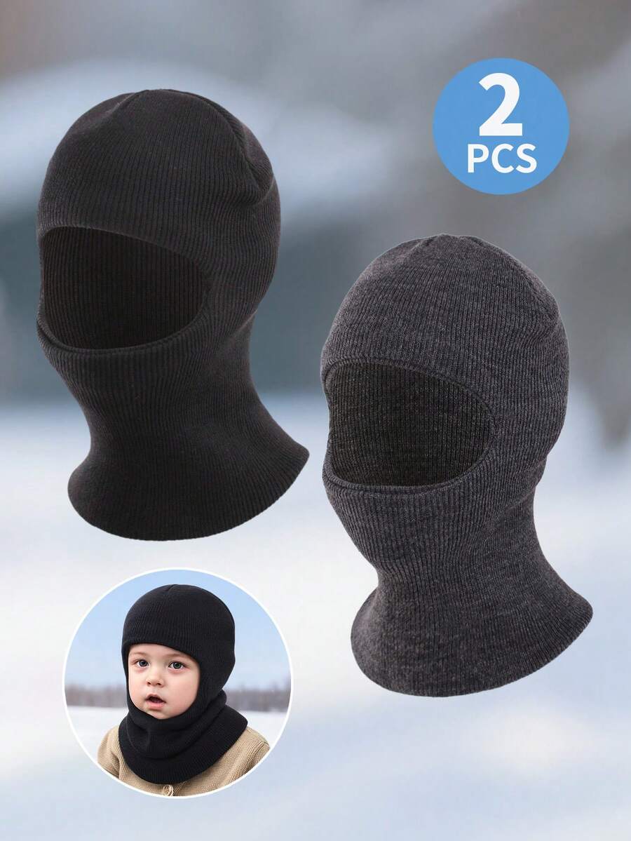 2 Stücke Jungen 1-8J Einfarbige gestrickte, warme, weiche, kältebeständige, süße tägliche Lässig Doppel-Bommel Strick Beanies, geeignet für den Outdoor- & Alltagsgebrauch, Herbst/Winter