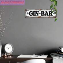 1 Piece Aluminum Wall Decor Sign - Vintage Style GIN BAR Metal Sign With Distressed Font And Leaf Pattern, Durable 2D Flat Print Home Decor Suitable Farmhouse, Cafe, Garage, Bedroom - Easy To Install On Door/Wall, No Wires Needed,, Metal Wall Decoration, Cafe Sign, Gorgeous Corner Decoration, Distressed Effect, 2D Flat