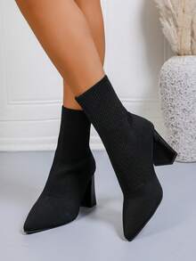 Botas de tobillo de tacón grueso de punto para mujer de talla grande, con puntera puntiaguda y ajuste elástico delgado, para primavera/otoño - Negro - Ver 6