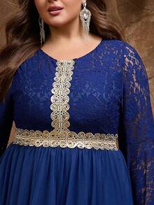 Plus Size Elegant Round Neck Dress With Extra Long Hooded Net And Lace Sleeves, Charming Party Evening Gown