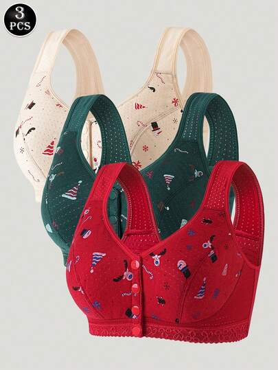 3 piezas de sujetador con estampado navideño, elegante y sencillo, sujetador abotonado por delante sin aros, ropa interior para mujer