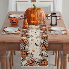 XCHI Spooky Skeleton Ghost Pumpkin Halloween Table Runner Party Table Decoration For Home Kitchen Dining Holiday Decor 13x48 Inch