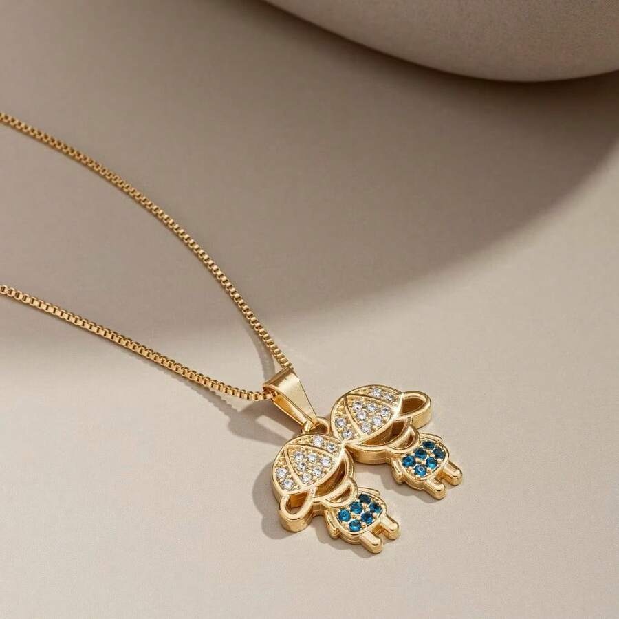 Delicate Women's Necklace With Children's, Boy's And Girl's Pendants, Plated In 18K Gold And 925 Silver With Zirconias - 2 menino (Ouro) - 查看 1