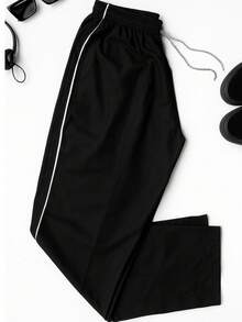 Essential Streetwear Pants, Straight Fit, Wide Leg, Lightweight Microfiber, With Adjustable Waist And Pockets - 黑色 - 查看 6