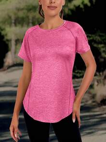 Camiseta casual de mujer de unicolor - Cuello redondo, ligera, de manga corta, mezcla elástica de poliéster, adecuada para primavera y verano, ajuste relajado básico, camiseta sin mangas holgada para mujer, tops deportivos - Rosa Fucsia - Ver 4