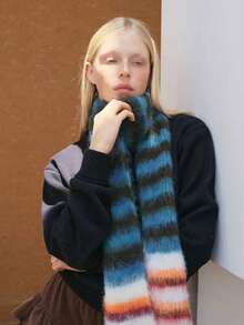 ROMWE Kawaii 韩国设计师撞色条纹针织围巾，保暖条纹羊绒围巾，小众精致柔软针织围脖，时尚街头风女士围巾，秋冬连衣裙搭配 - 彩色 - 查看 8