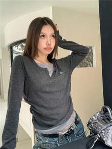 简约V领长袖T恤，分层上衣 - 灰色 - 查看 7