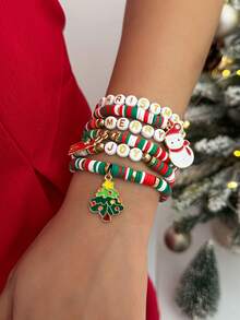 Juego de 6/7 piezas de pulsera de arcilla polimérica multicapa con elementos navideños coloridos y cuentas con letras, pulsera personalizada con colgante creativo de árbol de Navidad, muñeco de nieve y ciervo, pulsera elástica con diseño de Papá Noel y gorro/zapato de Papá Noel, adecuado para uso diario, citas, fiestas y regalos festivos para mujeres