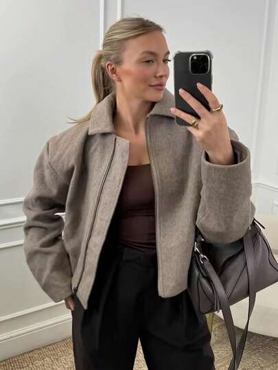 Women Khaki Tweed Jacket Long Sleeve Front Zip Oversized Casual Street Fall Winter Outerwear