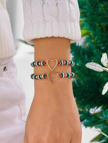 2 piezas Pulsera trenzada con cuentas ajustable con contraste de rojo, verde y blanco navideño
