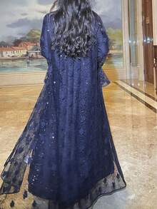 Women's Brown Lace Satin 2 Pieces Long Robe With Exquisite Details Spring - Dark Blue - View 4