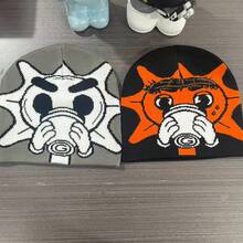 1 pieza Gorro de punto de jacquard de hilo bicolor con estilo callejero y de dibujos animados, atuendo cálido y de moda para otoño