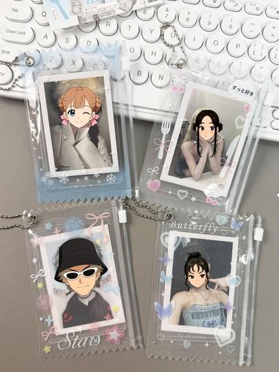 1pc Romantic Butterfly & Snowflake Design PVC Zipper Bag, 3 Inch Instant Photo/ID Card Holder, Idol Fan Collection Display Storage Pouch