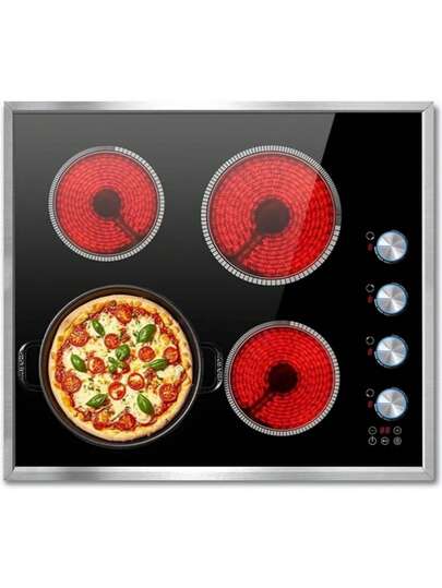 Karinear Cocina eléctrica de 4 quemadores, 24 pulgadas, 6000 W, 220 V-240 V, vitrocerámica empotrada con perilla de control, bloqueo para niños, temporizador, indicador de calor residual y cableado (sin enchufe).