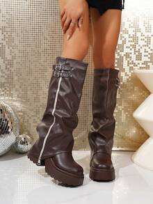 Botas Over-The-Knee de Moda Feminina, Botas Altas Pretas de Outono/Inverno Novas com Bico Redondo, Couro, Fivela, Ilhós Metálicos, Solado Grosso e Escorregadio, Botas Cowboy Marrons, Botas de Montaria, Botas de Calça, Botas Ocidentais para Uso Diário, Botas Brancas Femininas