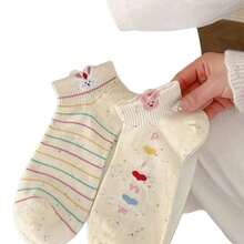 5双装女士波点网眼短袜，时尚可爱卡通图案，透气吸湿休闲运动袜，春夏款