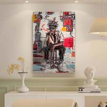 Framed Canvas Poster Print Wall Art 1pc Modern Abstract Portrait Canvas Painting - Jean-Michel Basquiat Inspired Wall Art With Bold Black, Red, White, Blue, Gray - Contemporary Home & Office Decor For Living Room, Bedroom, Cafe - Ideal Christmas, Birthday, Housewarming Gift - Canvas Print Decoration, Geometric Design, Artistic Brushstrokes, Interior Designers - Framed(Framed) - View 2