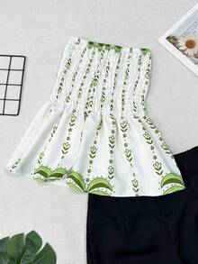 Women's Two Piece Set, Strapless Printed Top And Plain Shorts, Casual Summer Outfit - Verde and Preto - View 2