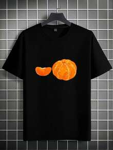 Men's Orange Print T-Shirt With Mandarin Slices And Whole Fruit, Black And White, 100% Cotton, Unisex, Stylish For Summer - Black - View 2