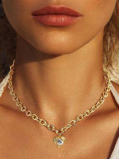 Tkool 1pc Unique Heart Shaped Pendant Necklace With Thick Chain And Ring Clasp, Elegant And Luxurious Design For Women