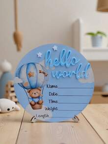 1pc "Hello World" Birth Announcement Board, Baby Photo Prop Wooden Plaque, Baby Milestone Marker, Christening Gift (Boy/Girl) - Blue - View 5