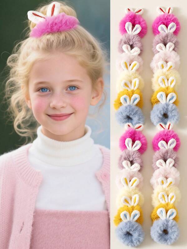 6 piezas Diademas con orejas de conejo esponjosas 3D, Scrunchies de pelo de conejo sintético a la moda y lindos, Accesorios para el cabello adecuados para niñas, princesas, coleta y moño diarios, para otoño/invierno