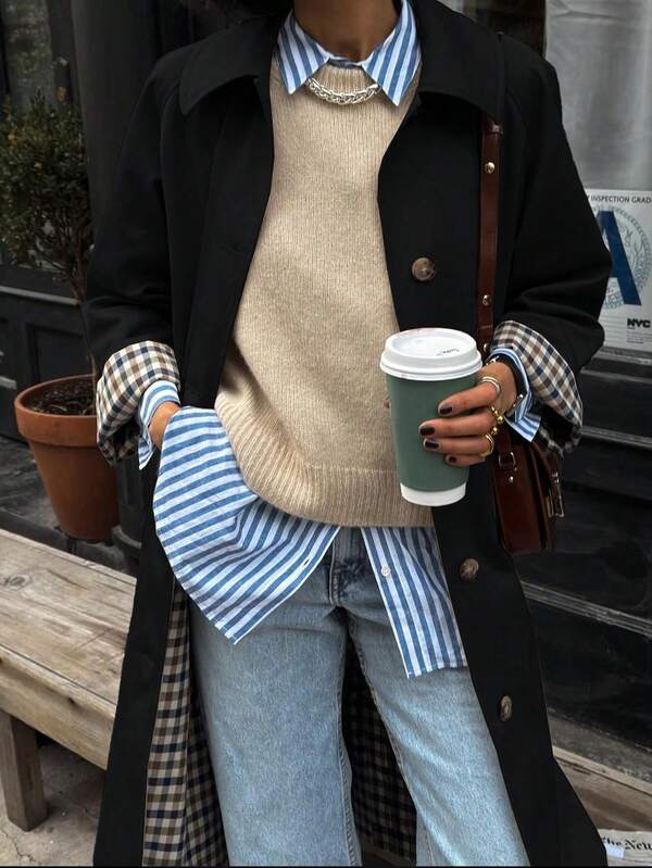 1pc 2025 Autumn/Winter New European & American Style Women's Long Wind Trench Coat, Raglan Sleeve, Lapel Collar, Contrast Plaid Pattern, Single-Breasted, Multi-Functional Casual Trench Coat, Casual Long Over-The-Knee Windbreaker Outerwear, Daily Home Outdoor Party Holiday Commute Office